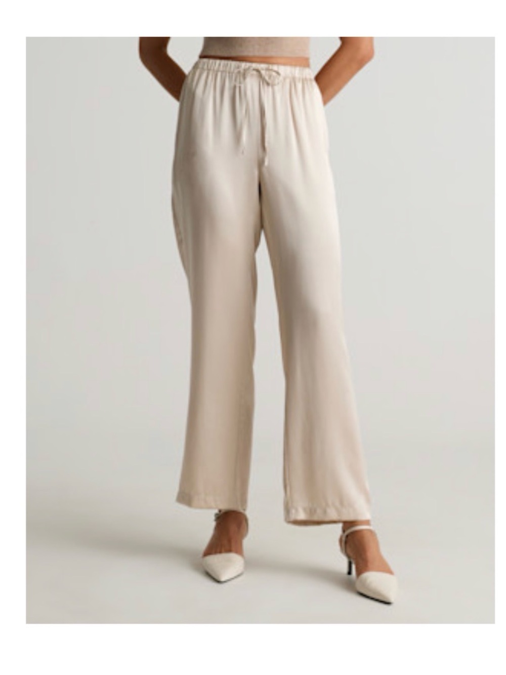 Quince Cream Wide-Leg Drawstring Satin Pants